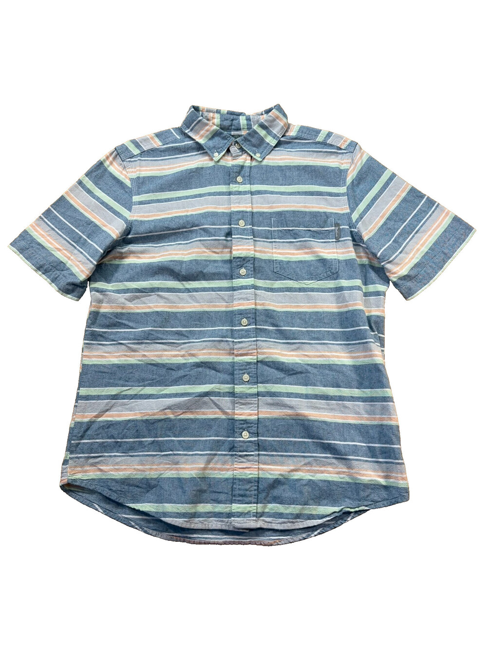 Woolrich Striped Chambray Shirt Mens Medium Blue Green Peach Short Sleeve
